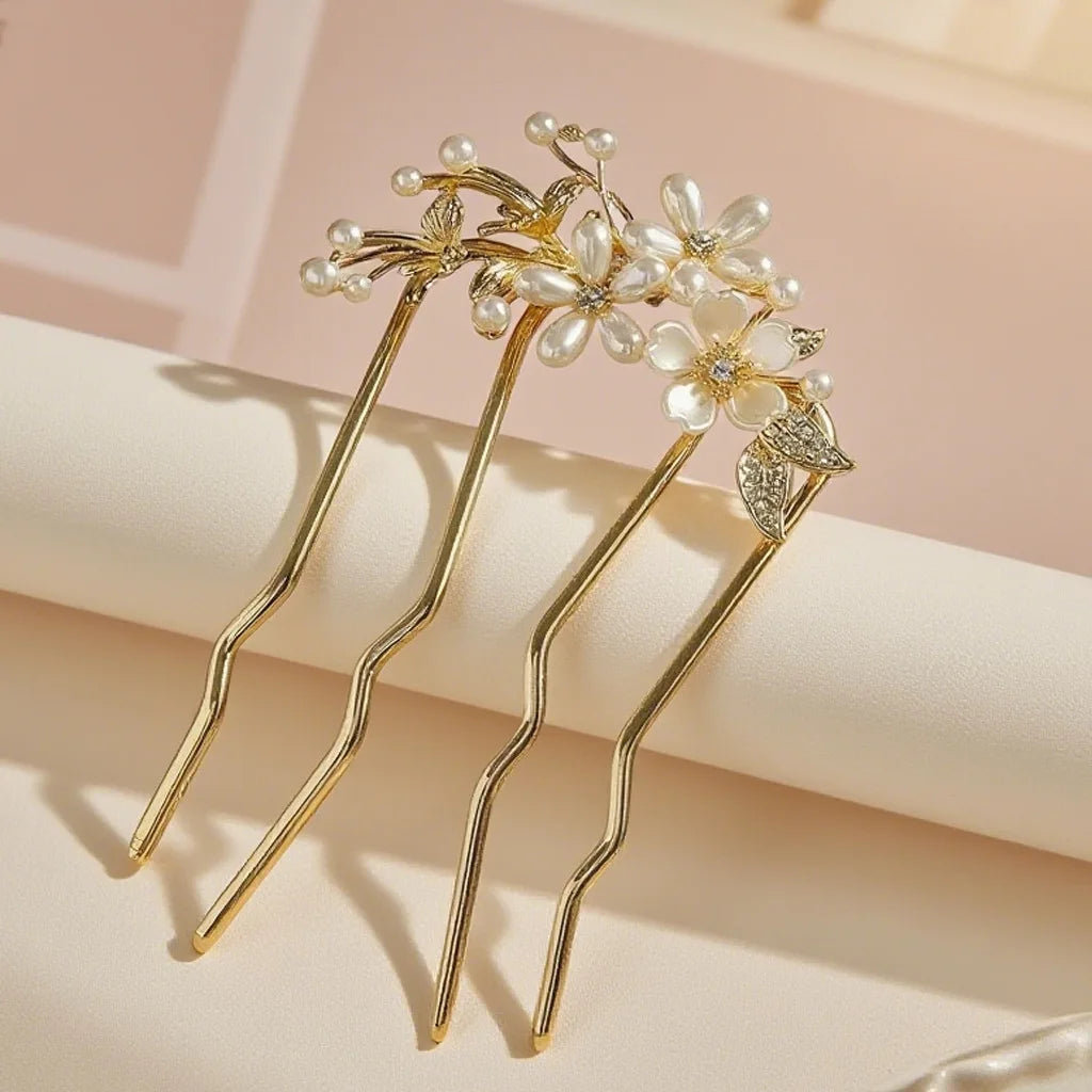 Oriental Gold Hair Fork White Flowers Pearls Rhinestones Intricate Elegant Weddings/parties Accessory Simple Convenient