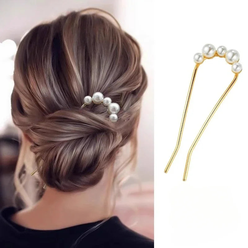 2pcs Korean U Shaped Pearl Hairpins Hair Clips for Women Elegant Metal Forks Vintage Pearl Hairpins Hair Styling Tools Gifts