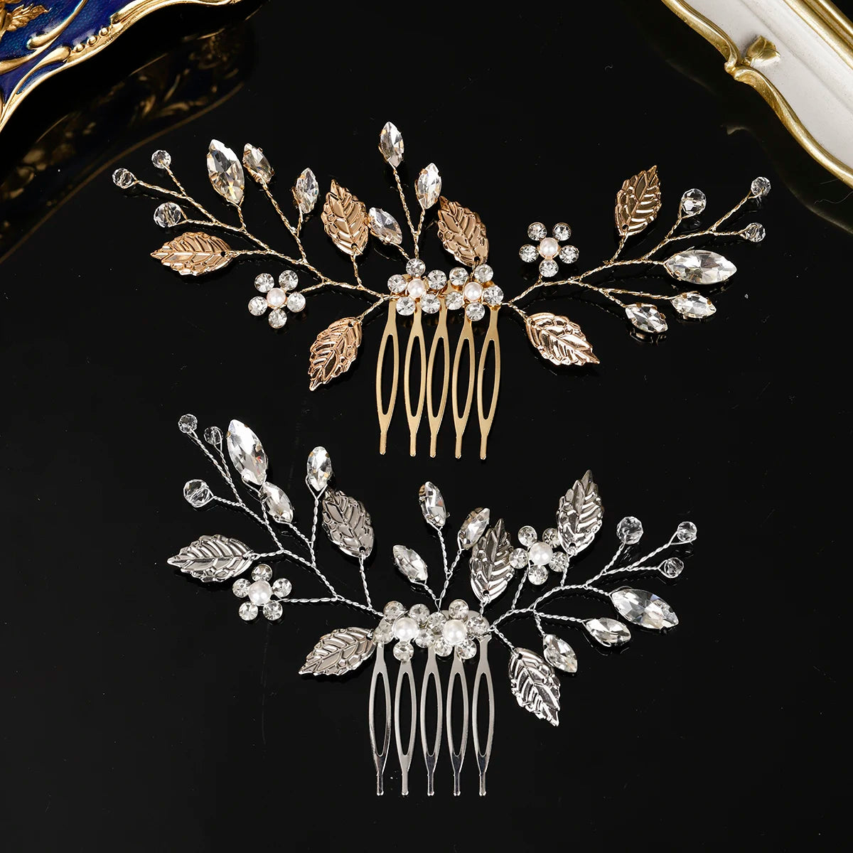 Fashion Leaf Crystal Pearl Flower Hair Comb Simple Women's Hair Clips Bridal Wedding Headpieces Jewelry Hair Accessories