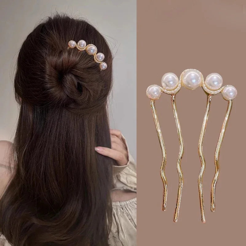 2pcs Korean U Shaped Pearl Hairpins Hair Clips for Women Elegant Metal Forks Vintage Pearl Hairpins Hair Styling Tools Gifts