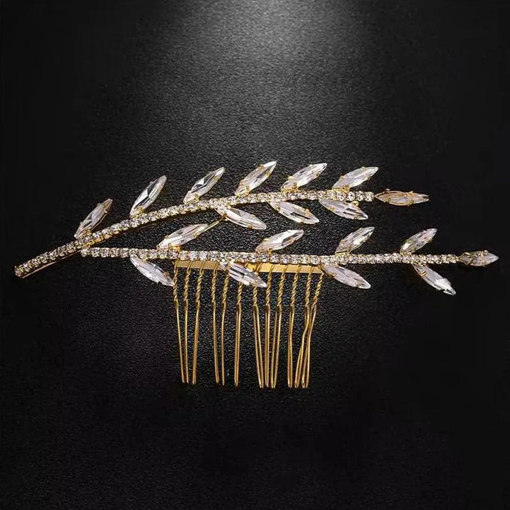 Bride Wedding Hair Combs Shiny Rhinestone Designs Gold/Silver Color Alloy Leaf Hairpins Side Clips Bridal Hair Styling Jewelry