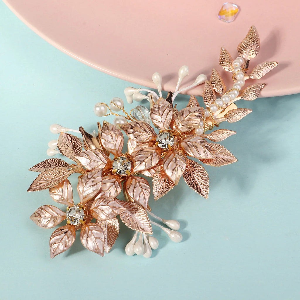 Europe and the United Handmade Flower Headdress Hairpin Female Bridal Wedding Hair Accessories Alloy Leaf Duckbill Clip
