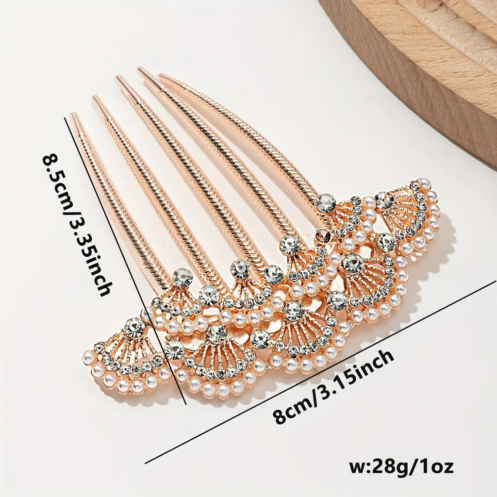 Chinese Style Hair Comb Imitating Pearls Hanfu Women's Braided Hair Crystal Five Tooth Comb High-end Versatile Hair Accessories