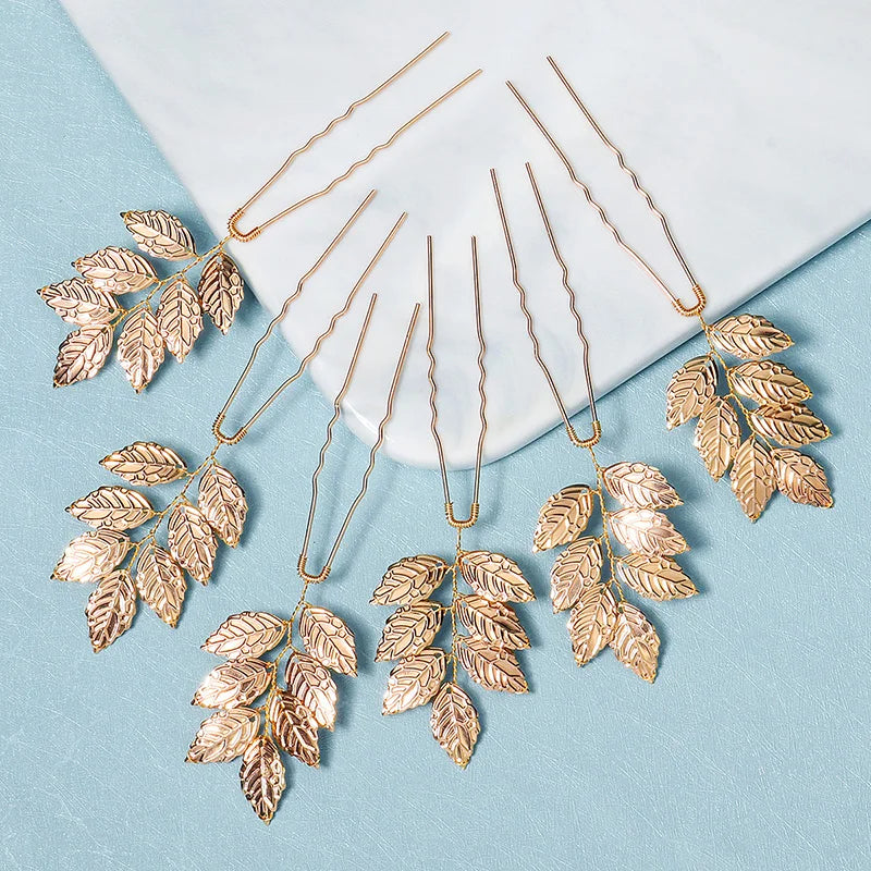 6PCS Gold Leaf Metal Hairpin Fashion Bridal Headdress Hair Accessories Rhinestone Crystal Hair Clips For Women Holiday Gift