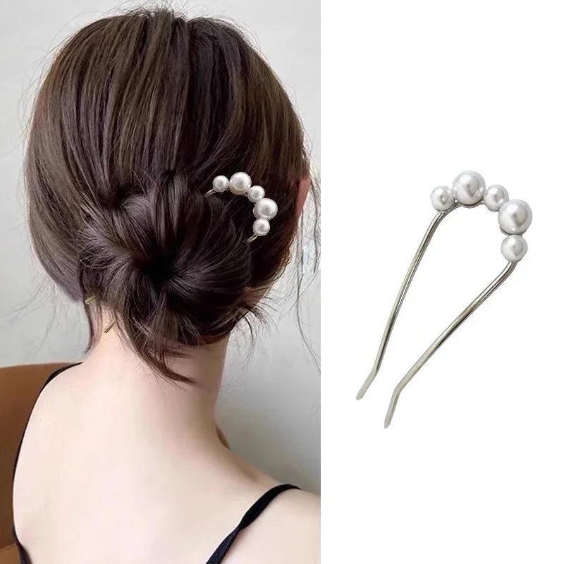 2pcs Korean U Shaped Pearl Hairpins Hair Clips for Women Elegant Metal Forks Vintage Pearl Hairpins Hair Styling Tools Gifts