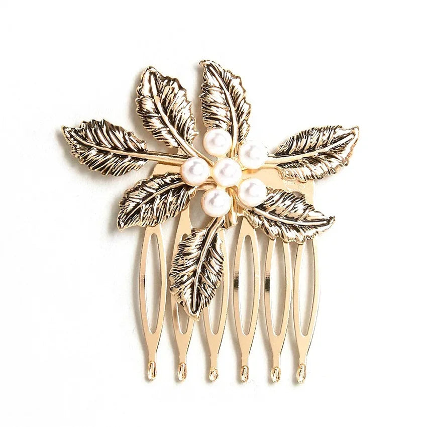 Vintage Diamond Hair Comb Fashion Leaf Pearl Alloy Hair Clips for Women Styling Curly Clip Girl Hair Accessories Headwear