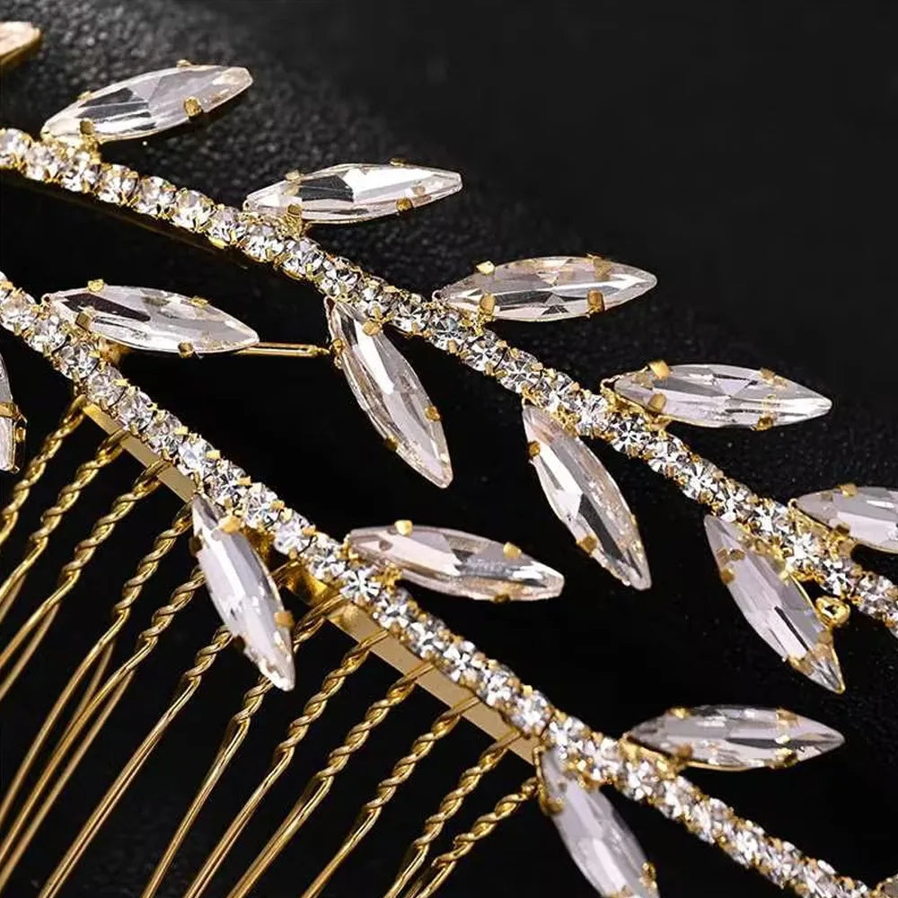 Bride Wedding Hair Combs Shiny Rhinestone Designs Gold/Silver Color Alloy Leaf Hairpins Side Clips Bridal Hair Styling Jewelry