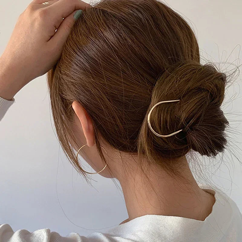 New Trendy Simple Metal Hair Stick Geometric U Shape Fork Hairpins Headwear Accessories for Women Daily Wear