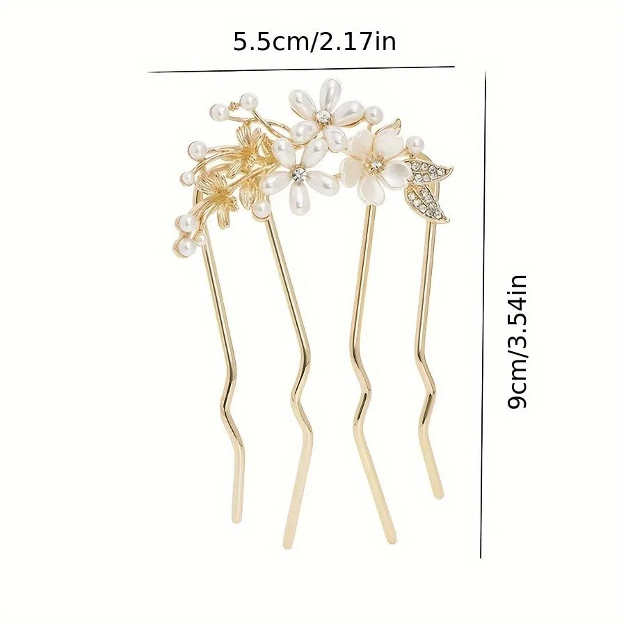 Oriental Gold Hair Fork White Flowers Pearls Rhinestones Intricate Elegant Weddings/parties Accessory Simple Convenient