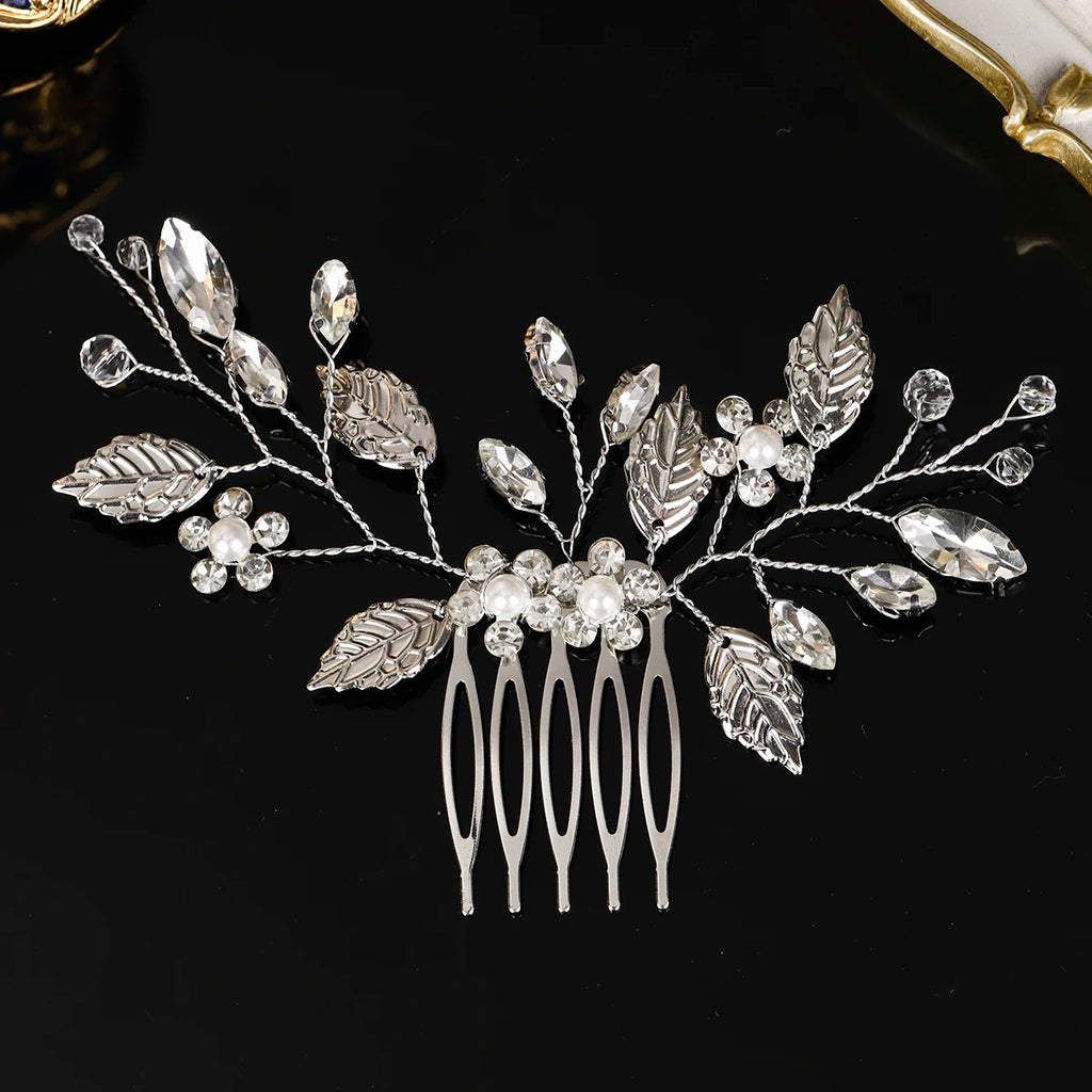 Fashion Leaf Crystal Pearl Flower Hair Comb Simple Women's Hair Clips Bridal Wedding Headpieces Jewelry Hair Accessories