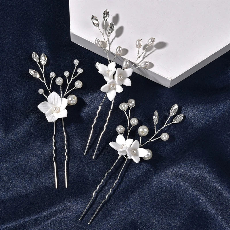 3PCS Flower Hairpin Bride Headdress For Women Pearl Mesh U-shaoped Hair Clips Fashion Girls Wedding Hair Accessories Jewelry