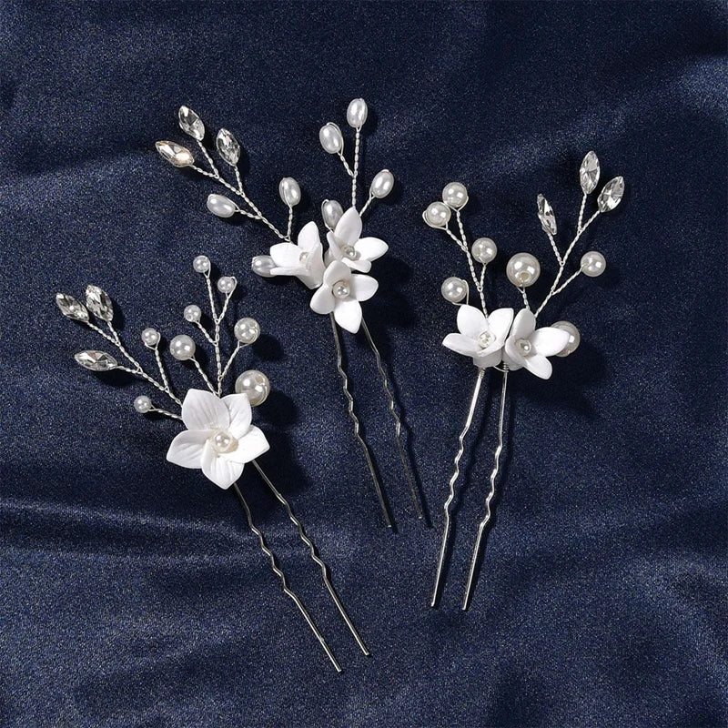 3PCS Flower Hairpin Bride Headdress For Women Pearl Mesh U-shaoped Hair Clips Fashion Girls Wedding Hair Accessories Jewelry