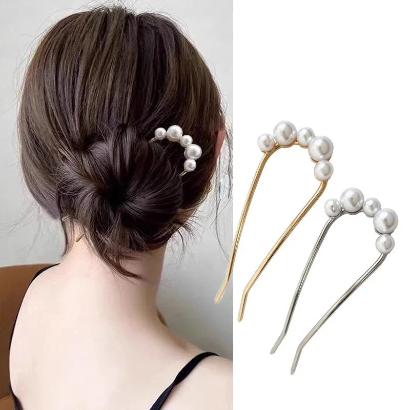 2pcs Korean U Shaped Pearl Hairpins Hair Clips for Women Elegant Metal Forks Vintage Pearl Hairpins Hair Styling Tools Gifts