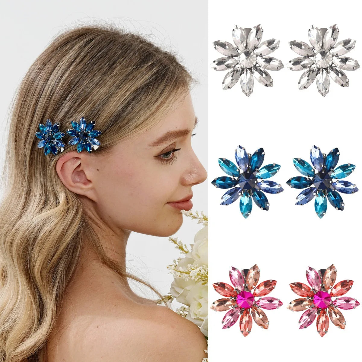 Colorful Rhinestones Flowers Children's Performance Hair Clips Fashion Shiny Handmade Hair Pins Jewelry for Girls As Gifts
