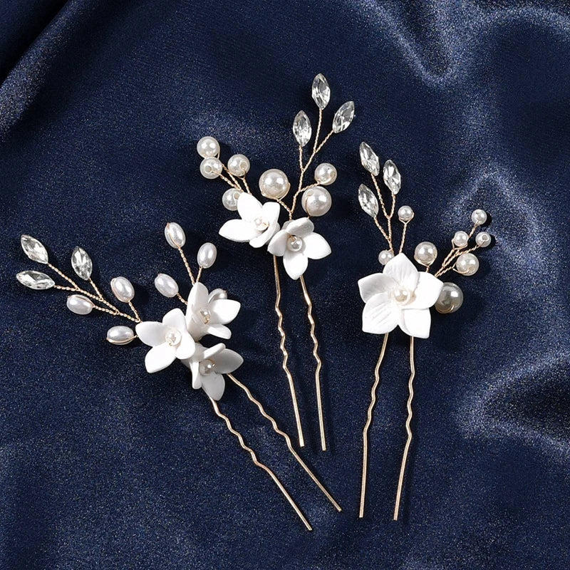 3PCS Flower Hairpin Bride Headdress For Women Pearl Mesh U-shaoped Hair Clips Fashion Girls Wedding Hair Accessories Jewelry
