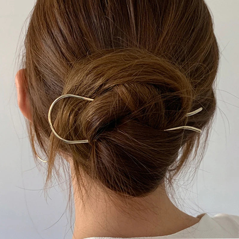 New Trendy Simple Metal Hair Stick Geometric U Shape Fork Hairpins Headwear Accessories for Women Daily Wear