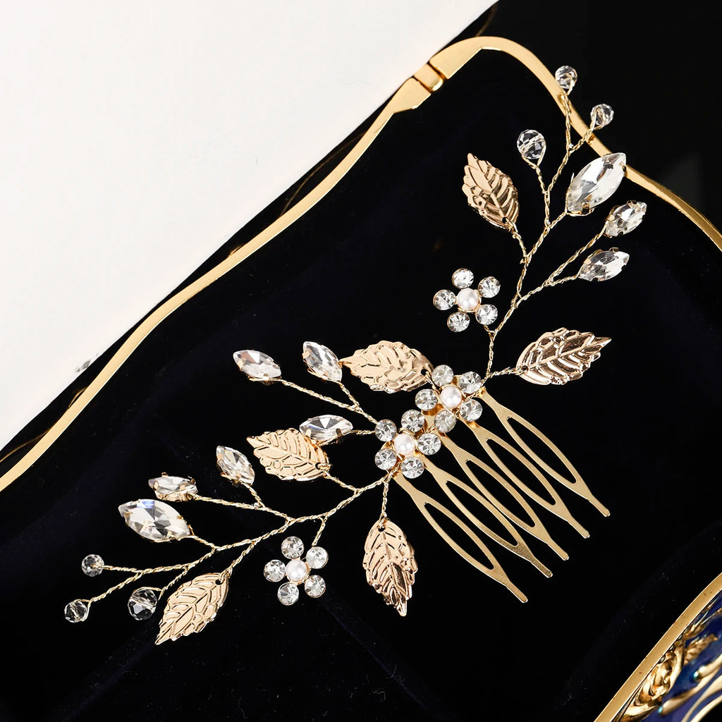 Fashion Leaf Crystal Pearl Flower Hair Comb Simple Women's Hair Clips Bridal Wedding Headpieces Jewelry Hair Accessories