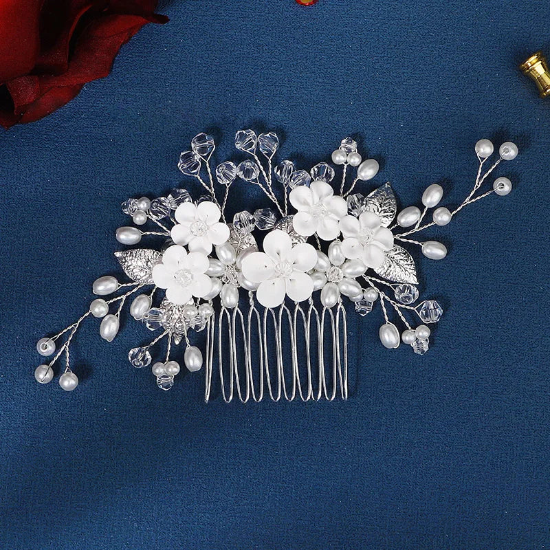 Crystal Ceramic Flower Hair Combs Clips for Women Pearl Bridal Wedding Hair Accessories Pearl Jewelry Party Bride Headpiece