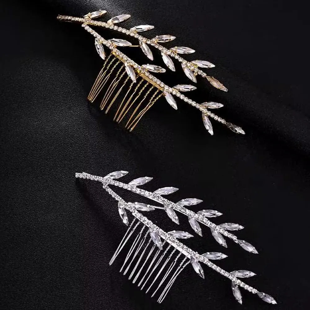Bride Wedding Hair Combs Shiny Rhinestone Designs Gold/Silver Color Alloy Leaf Hairpins Side Clips Bridal Hair Styling Jewelry