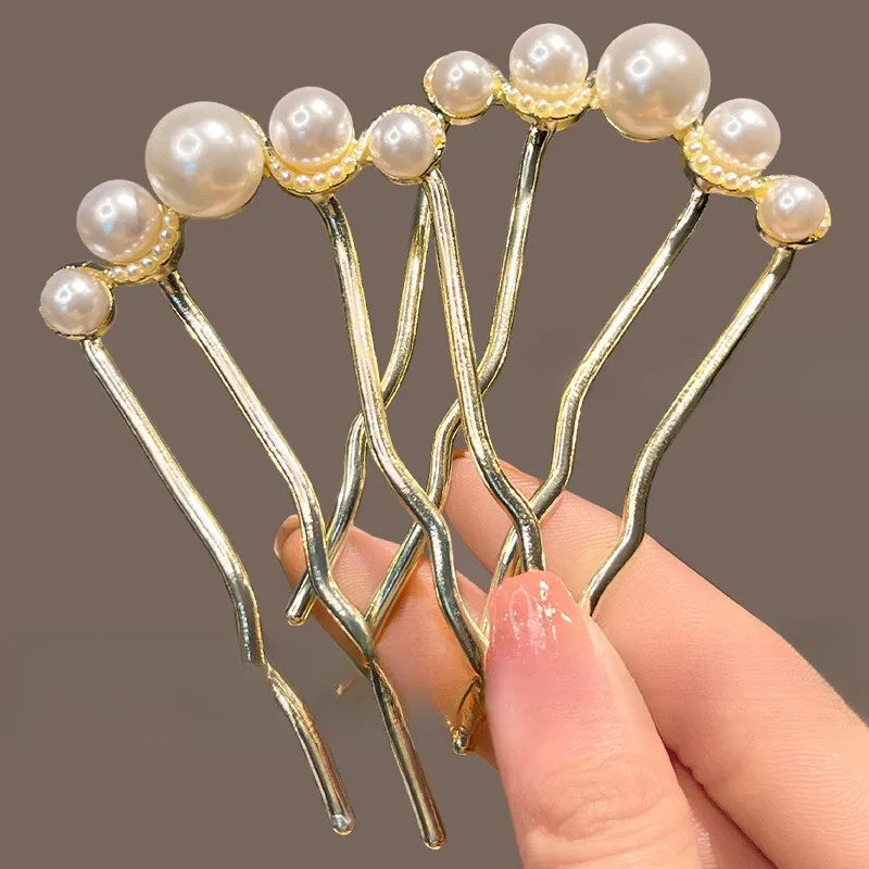 2pcs Fashion Metal U-Shaped Hair Sticks Women Girls Korean Simple Pearl Hair Clip Pins Bun Maker Hairstyle Tools Hair Accessory