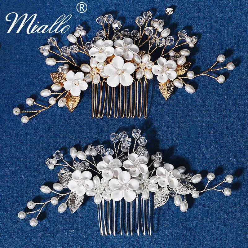 Crystal Ceramic Flower Hair Combs Clips for Women Pearl Bridal Wedding Hair Accessories Pearl Jewelry Party Bride Headpiece