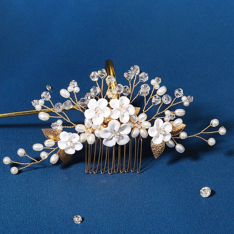 Crystal Ceramic Flower Hair Combs Clips for Women Pearl Bridal Wedding Hair Accessories Pearl Jewelry Party Bride Headpiece