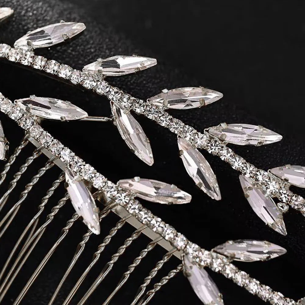 Bride Wedding Hair Combs Shiny Rhinestone Designs Gold/Silver Color Alloy Leaf Hairpins Side Clips Bridal Hair Styling Jewelry
