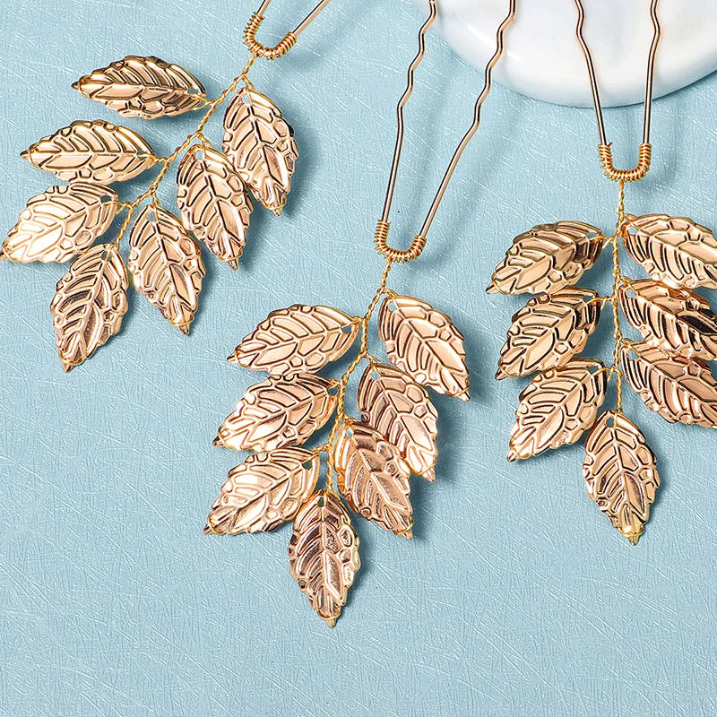 6PCS Gold Leaf Metal Hairpin Fashion Bridal Headdress Hair Accessories Rhinestone Crystal Hair Clips For Women Holiday Gift