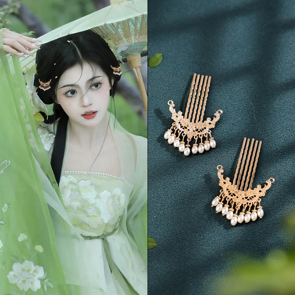 1 Pair Retro Chinese Style Hair Jewelry Gold Color Metal Hair Combs Pearls Pendant Decor Women Girls Hanfu Dress Party Hairpins