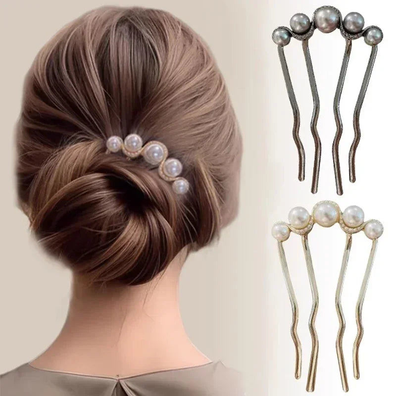 2pcs Korean U Shaped Pearl Hairpins Hair Clips for Women Elegant Metal Forks Vintage Pearl Hairpins Hair Styling Tools Gifts