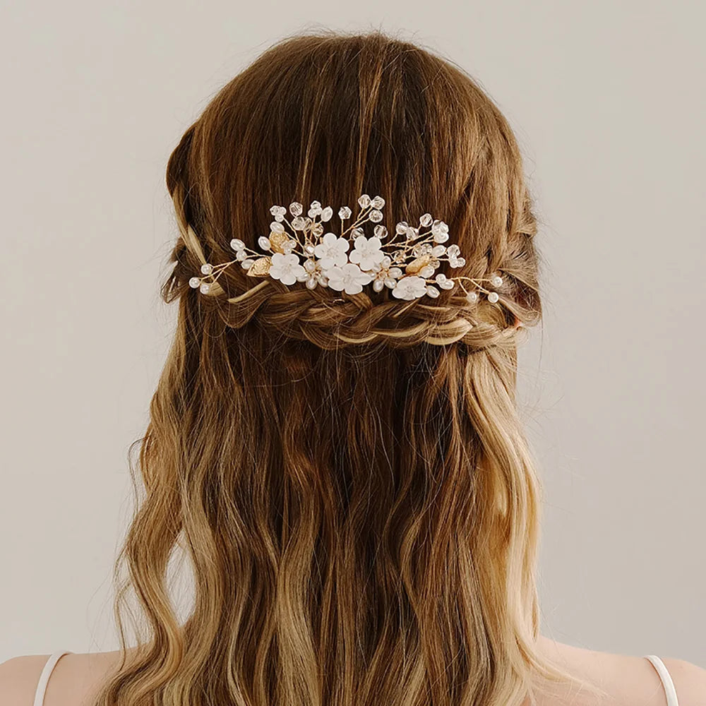 Crystal Ceramic Flower Hair Combs Clips for Women Pearl Bridal Wedding Hair Accessories Pearl Jewelry Party Bride Headpiece