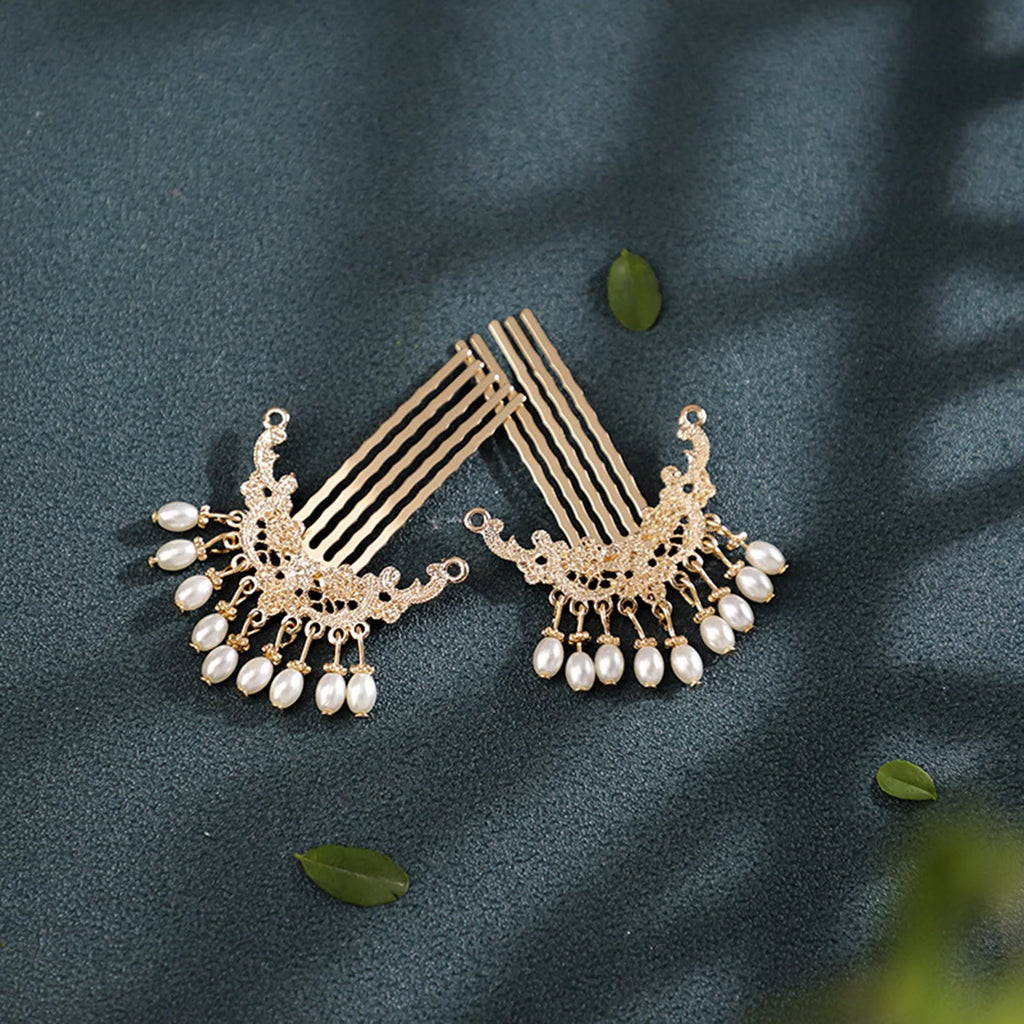 1 Pair Retro Chinese Style Hair Jewelry Gold Color Metal Hair Combs Pearls Pendant Decor Women Girls Hanfu Dress Party Hairpins