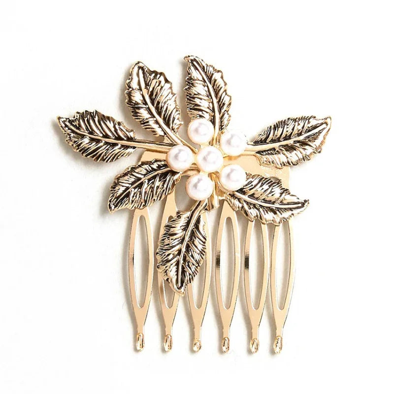 Vintage Diamond Hair Comb Fashion Leaf Pearl Alloy Hair Clips for Women Styling Curly Clip Girl Hair Accessories Headwear