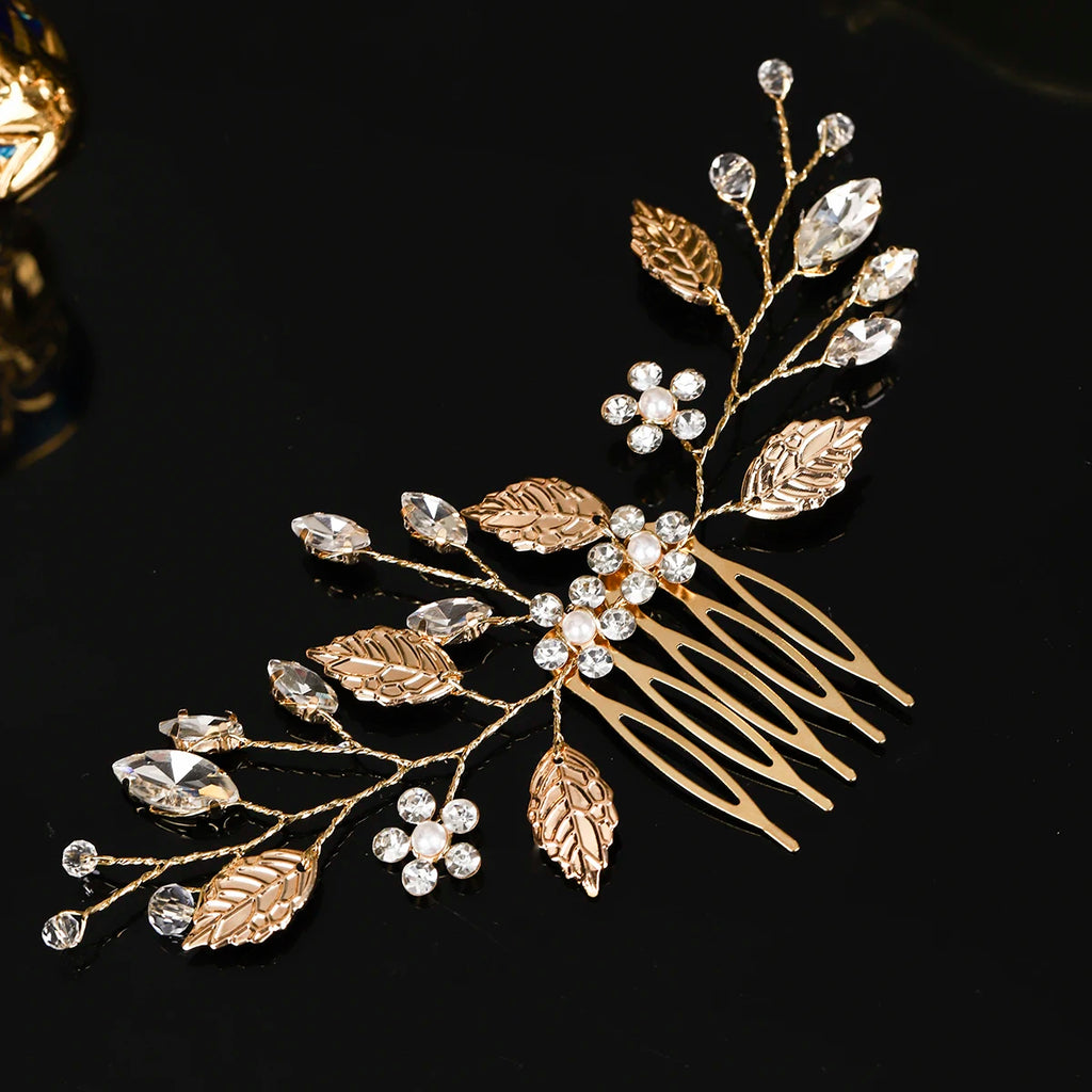 Fashion Leaf Crystal Pearl Flower Hair Comb Simple Women's Hair Clips Bridal Wedding Headpieces Jewelry Hair Accessories