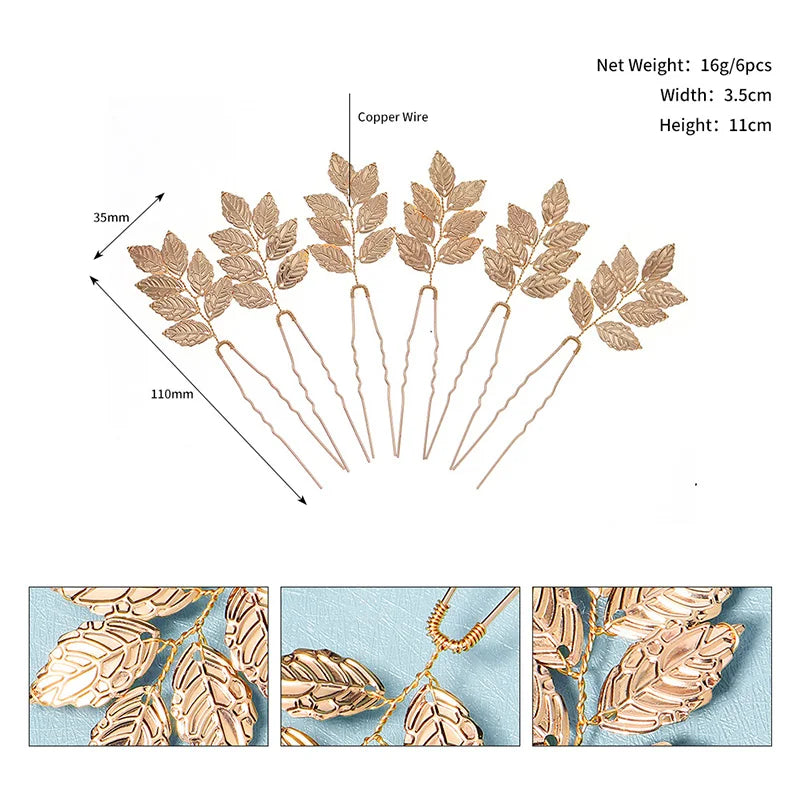 6PCS Gold Leaf Metal Hairpin Fashion Bridal Headdress Hair Accessories Rhinestone Crystal Hair Clips For Women Holiday Gift