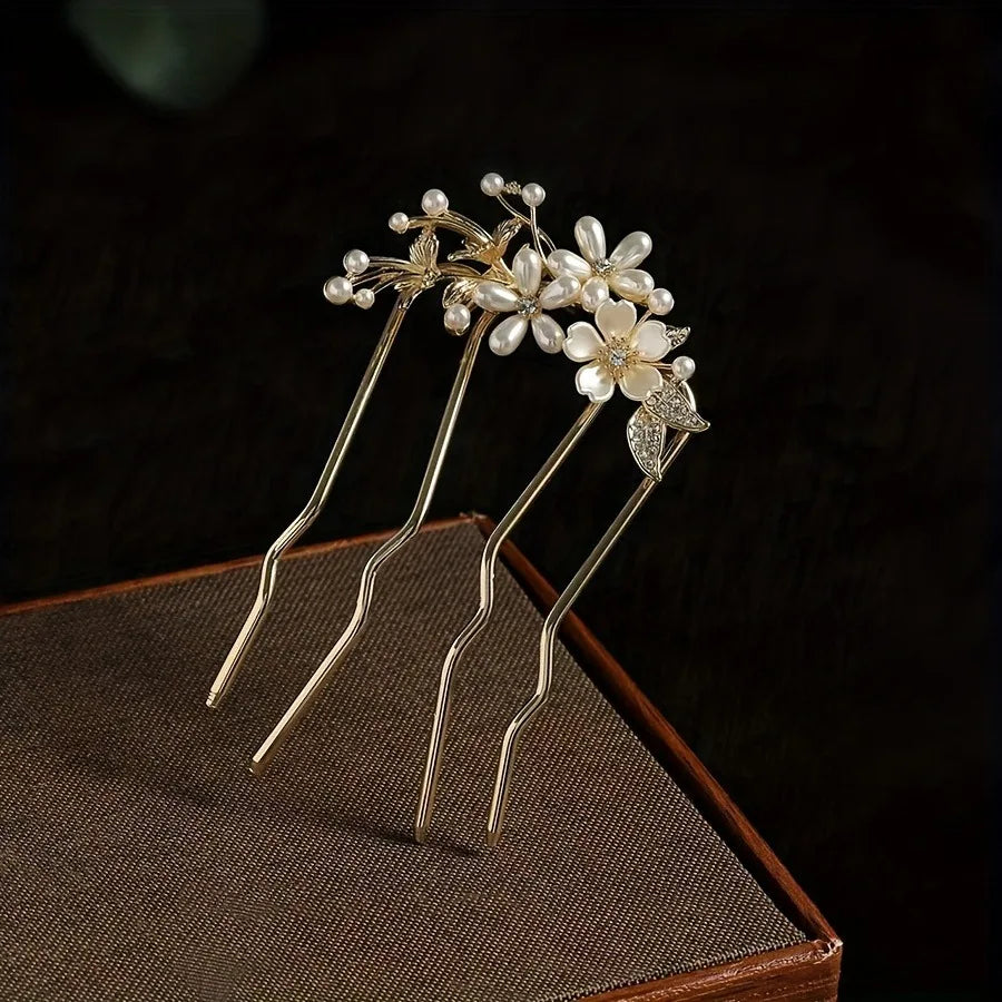 Oriental Gold Hair Fork White Flowers Pearls Rhinestones Intricate Elegant Weddings/parties Accessory Simple Convenient