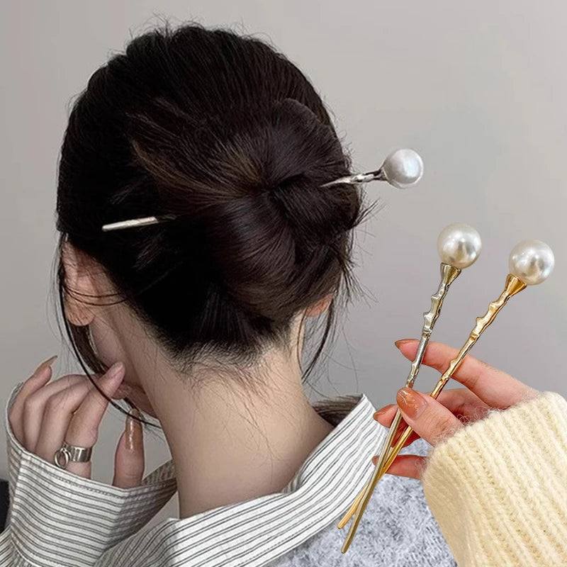 New Pearl Hair Sticks Korean Women Elegant Fashion Metal Hairpins Hair Forks Bun Headwear Ponytail Styling Hair Accessories