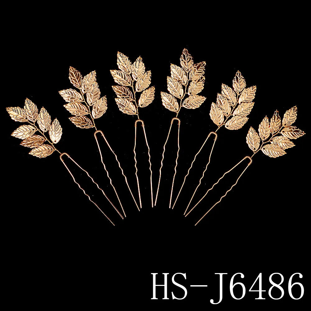 6PCS Gold Leaf Metal Hairpin Fashion Bridal Headdress Hair Accessories Rhinestone Crystal Hair Clips For Women Holiday Gift