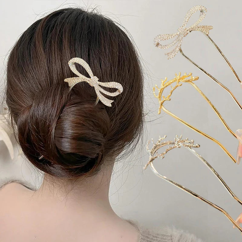 Fashion Hairpin Branches U-shaped Hair Fork Metal Hair Clip Bow Women Girls Hair Sticks Bun Maker HairStyling Hair Accessories