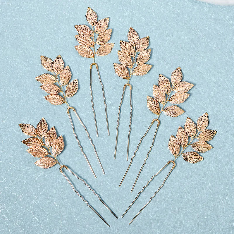 6PCS Gold Leaf Metal Hairpin Fashion Bridal Headdress Hair Accessories Rhinestone Crystal Hair Clips For Women Holiday Gift