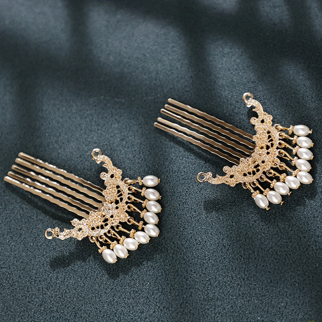 1 Pair Retro Chinese Style Hair Jewelry Gold Color Metal Hair Combs Pearls Pendant Decor Women Girls Hanfu Dress Party Hairpins