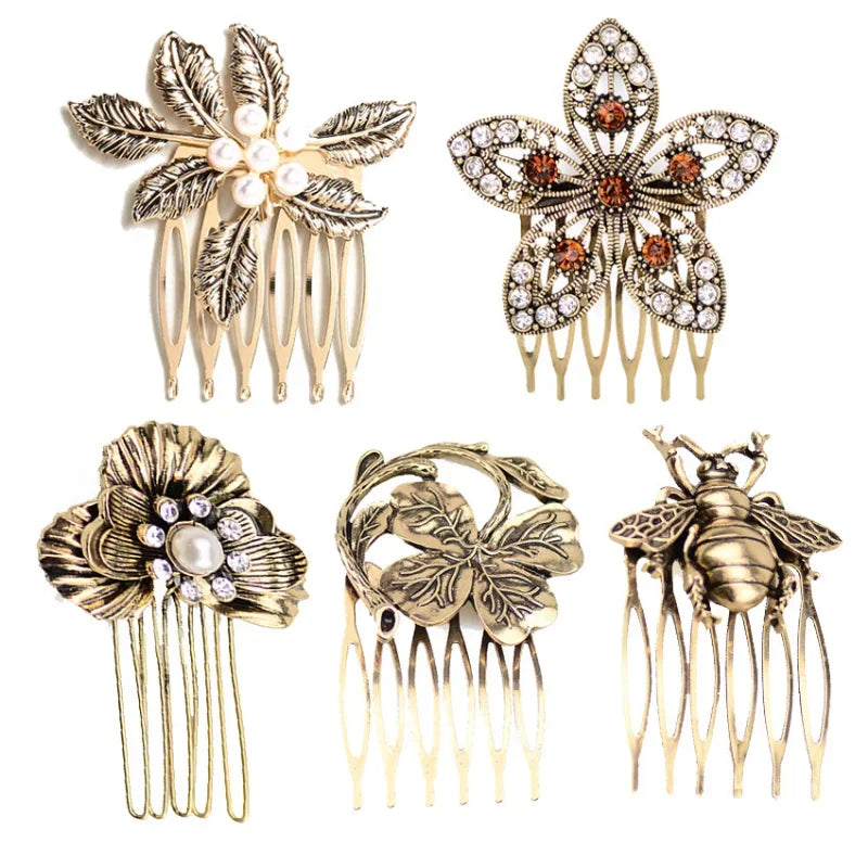 Vintage Diamond Hair Comb Fashion Leaf Pearl Alloy Hair Clips for Women Styling Curly Clip Girl Hair Accessories Headwear