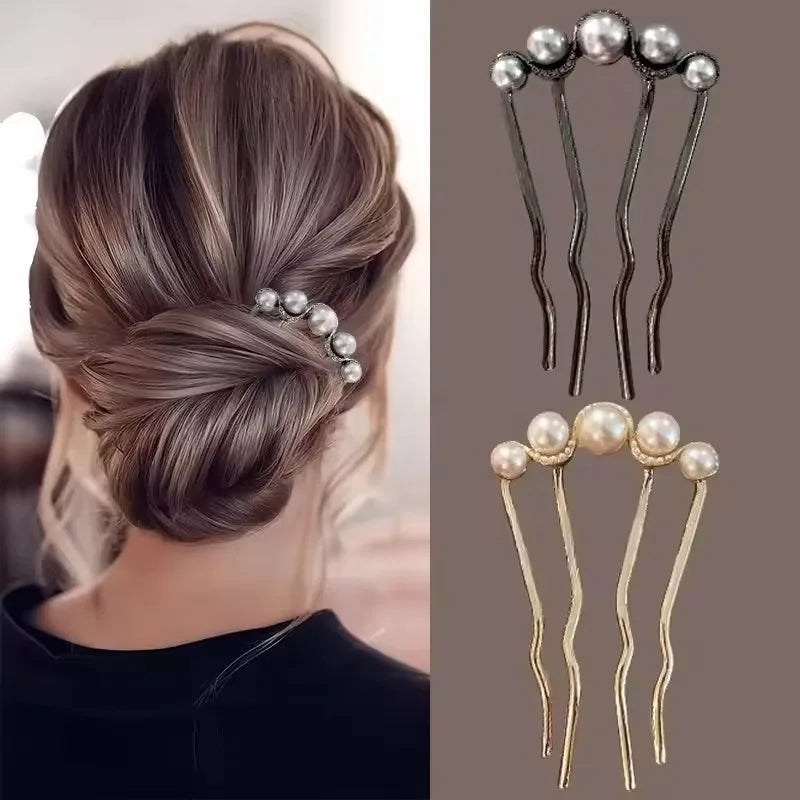 2pcs Fashion Metal U-Shaped Hair Sticks Women Girls Korean Simple Pearl Hair Clip Pins Bun Maker Hairstyle Tools Hair Accessory