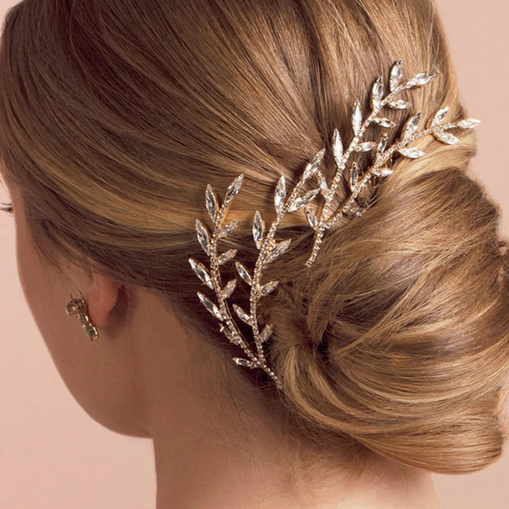Bride Wedding Hair Combs Shiny Rhinestone Designs Gold/Silver Color Alloy Leaf Hairpins Side Clips Bridal Hair Styling Jewelry