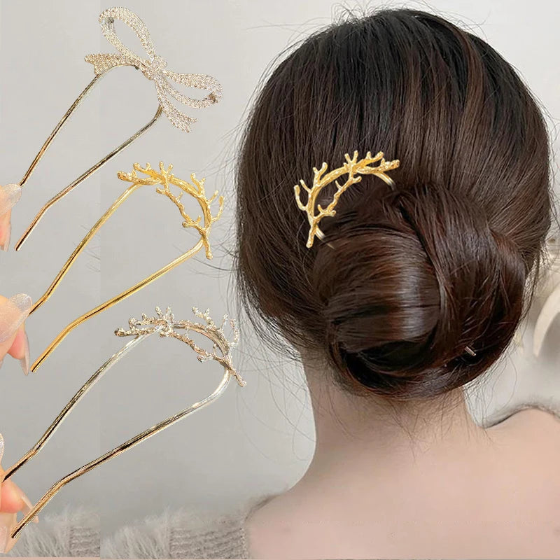 Fashion Hairpin Branches U-shaped Hair Fork Metal Hair Clip Bow Women Girls Hair Sticks Bun Maker HairStyling Hair Accessories