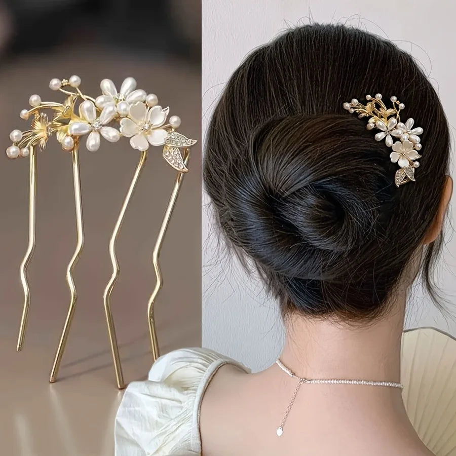 Oriental Gold Hair Fork White Flowers Pearls Rhinestones Intricate Elegant Weddings/parties Accessory Simple Convenient