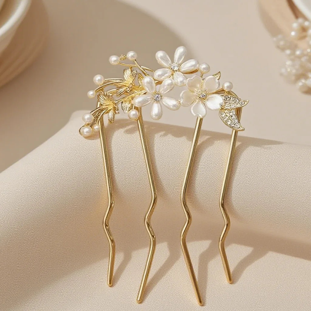 Oriental Gold Hair Fork White Flowers Pearls Rhinestones Intricate Elegant Weddings/parties Accessory Simple Convenient