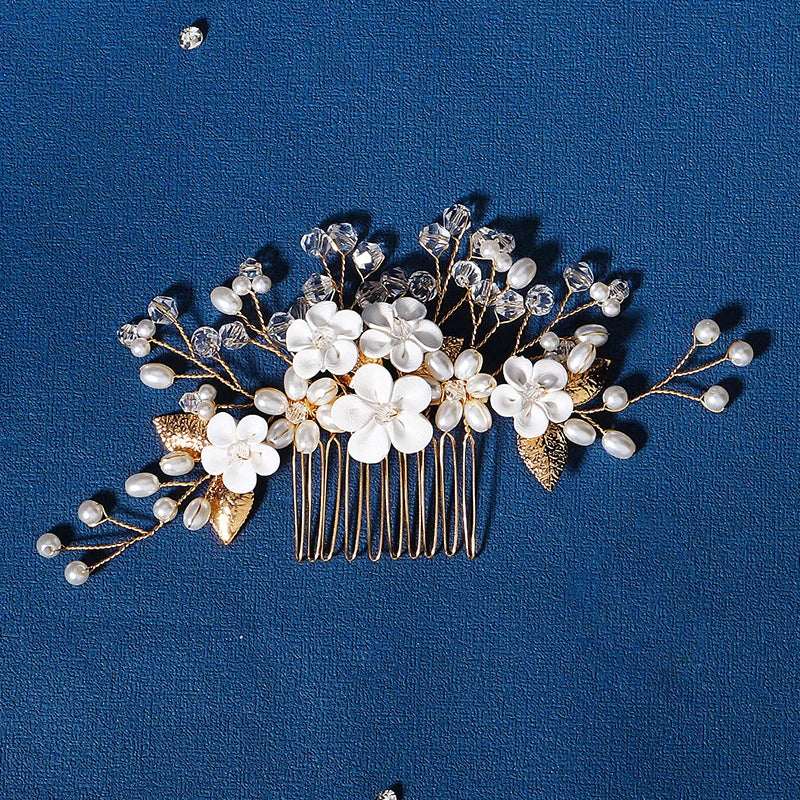 Crystal Ceramic Flower Hair Combs Clips for Women Pearl Bridal Wedding Hair Accessories Pearl Jewelry Party Bride Headpiece