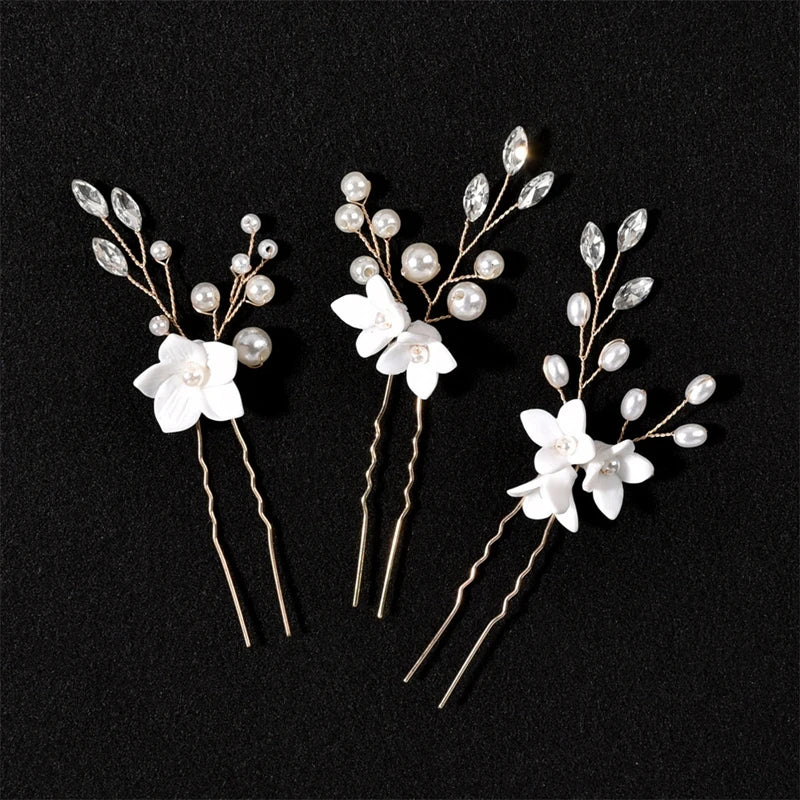 3PCS Flower Hairpin Bride Headdress For Women Pearl Mesh U-shaoped Hair Clips Fashion Girls Wedding Hair Accessories Jewelry