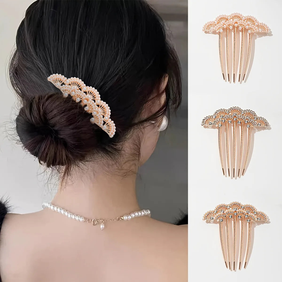 Chinese Style Hair Comb Imitating Pearls Hanfu Women's Braided Hair Crystal Five Tooth Comb High-end Versatile Hair Accessories
